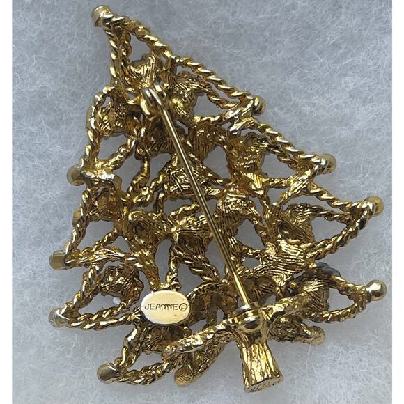 Vintage Christmas Tree Brooch Pin Jeanne Signed Gold Rope Rhinestone MCM 50s - Picture 3 of 8